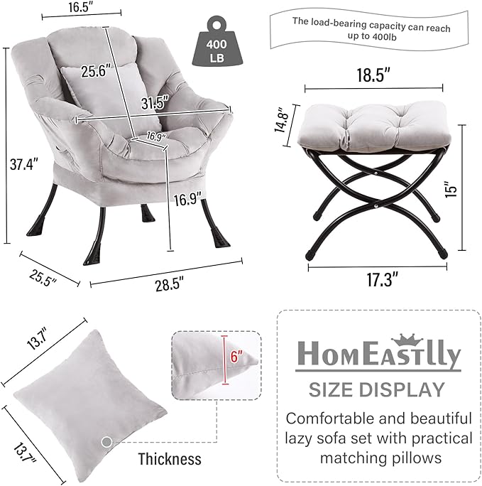 Large Lazy Chair with Ottoman, Accent Reading Chair with a Soft Grey Throw - Image 3