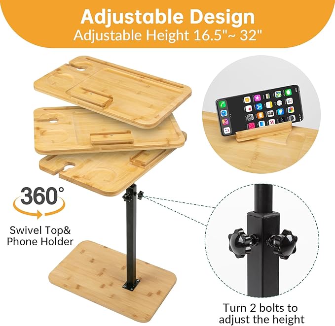 Bamboo Sofa Side Table Adjustable Height, Snack C Shaped End Table - Image 3