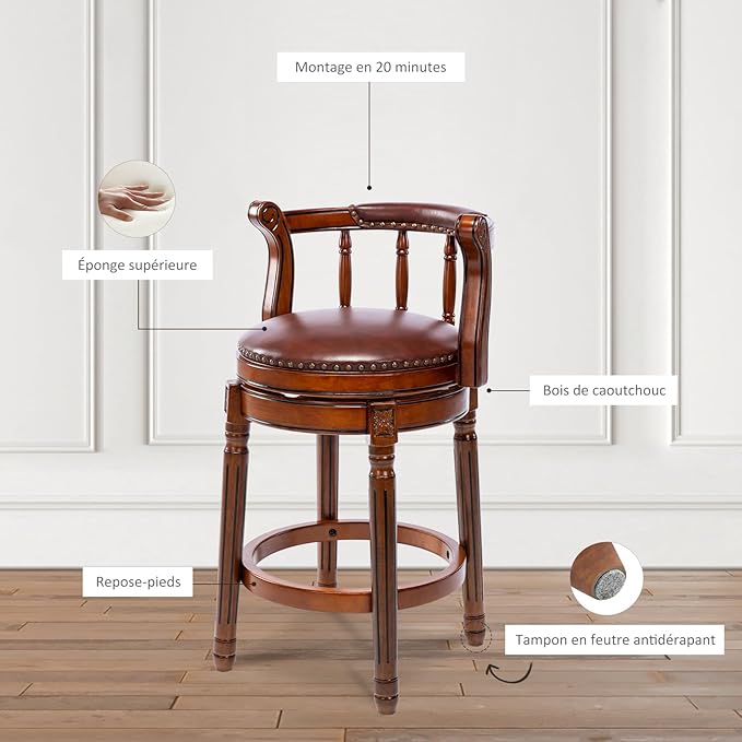 Cow top Leather Wooden Bar Stools, 360 Degree Swivel Bar Height Chair - Image 6