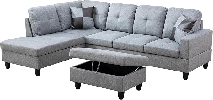 L Shaped Couch Modern Sectional Couch Upholstered Linen Fabric 3 Pieces Sofas - Image 3