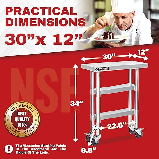 DuraSteel Stainless Steel Work Table 30" x 12" x 34" Height w/ 4 Caster Wheels - Image 2
