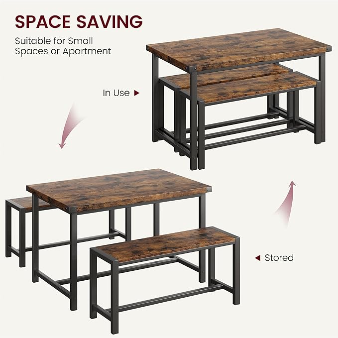 Dining Table Set for 4 with 2 Benches, 3-Piece Kitchen Table Set, Space-Saving - Image 7