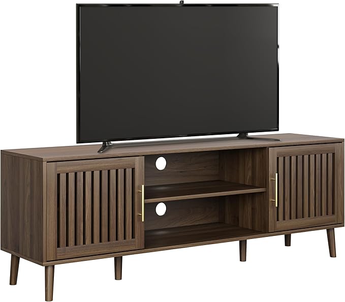 Smuxee Walnut TV Stand with Grille Striped Design, 62.99" Mid Century Modern TV - Image 9