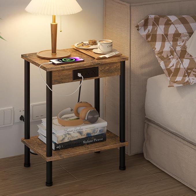 End Table with Charging Station, Small Side Table, 2-Tier Nightstand with - Image 5