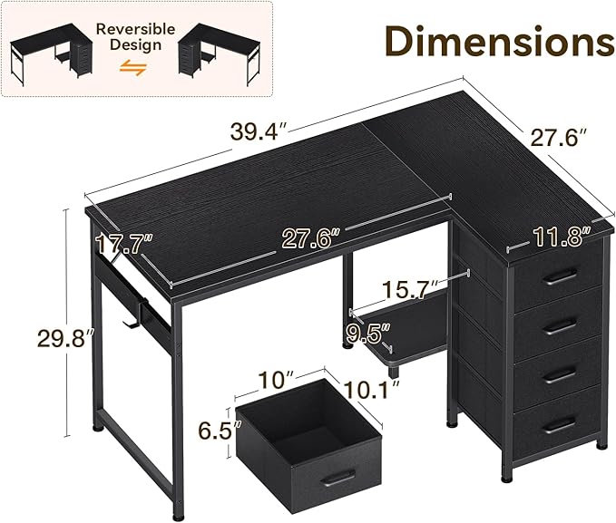 Casaottima L Shaped Desk with 4 Drawers, Reversible Kids Study Table with CPU - Image 3