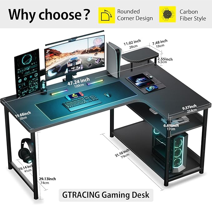 GTRACING L Shaped Gaming Desk, Carbon Fiber Style Computer Desk Compatible - Image 3