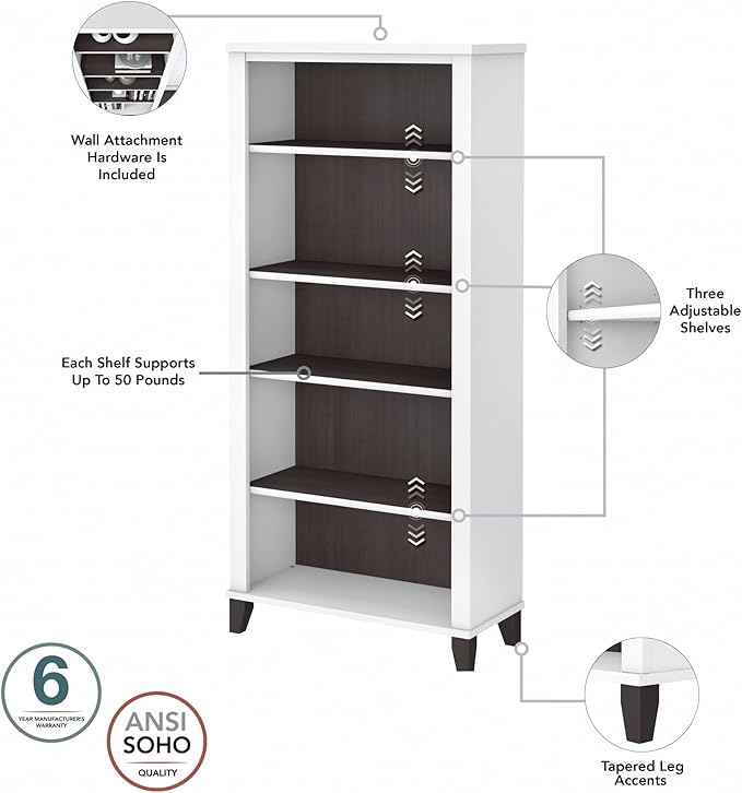 Bush Furniture Somerset 5 Shelf Bookcase in Storm Gray, Tall Bookshelf - Image 7