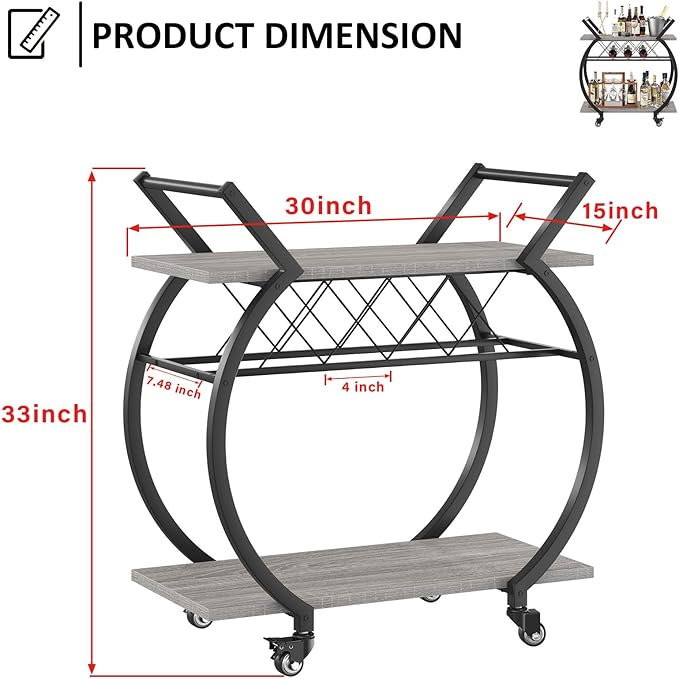 LVB Bar Cart with Wine Rack, 2 Tier Farmhouse Kitchen Cart on Wheels, Modern - Image 2