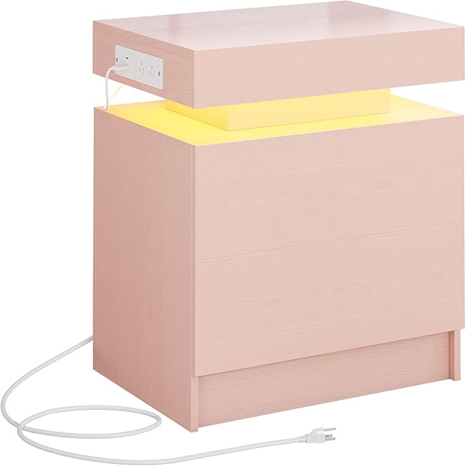 LIKIMIO Night Stand with Charging Station, Modern Pink Nightstand with LED - Image 7