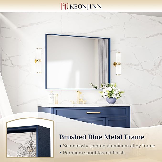 Keonjinn Blue Bathroom Mirror 40 x 30 Inch, Metal Frame Rectangular Wall Mirror - Image 6