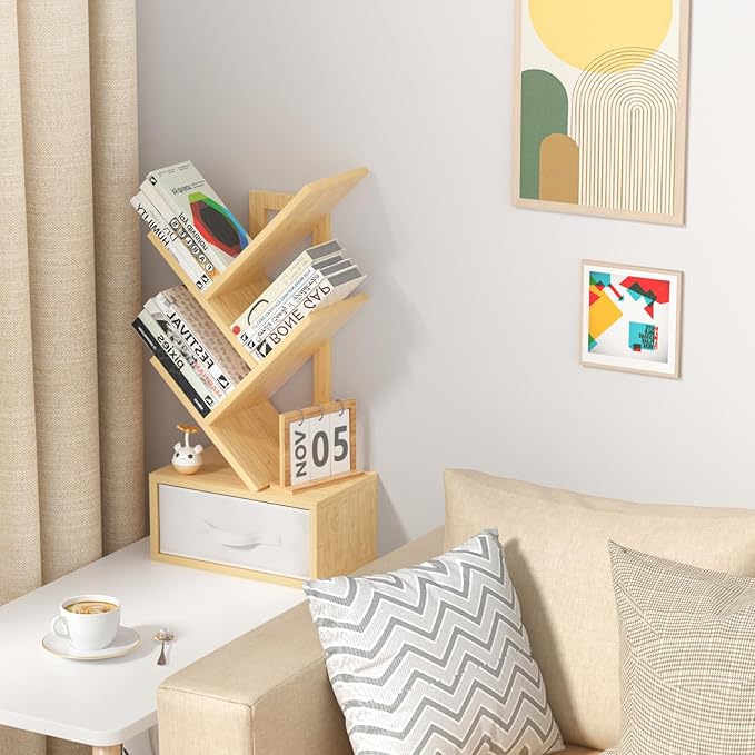 Small Book Shelf with Drawer, 4 Tier Black Tree Bookshelf, Wooden Desktop - Image 4