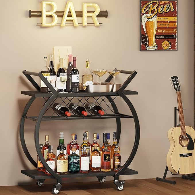 LVB Black Wine Cart with Wheels, Modern Bar Cart with Wine Rack, Industrial - Image 3