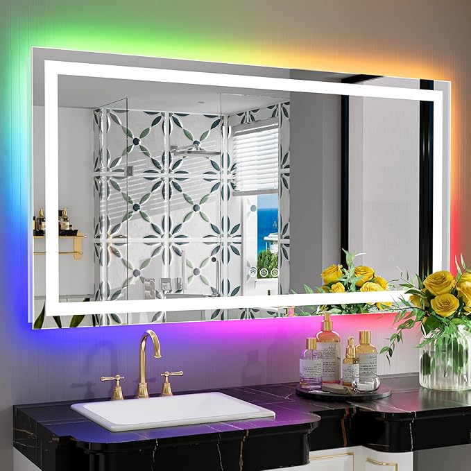 55x30 Inch RGB LED Bathroom Mirror Front Light and RGB Backlit Lighted Vanity by YEELAIT