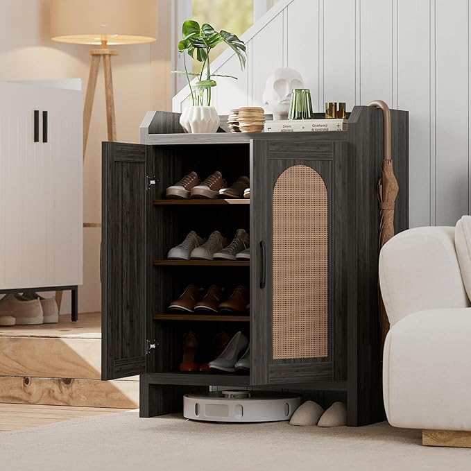 Shoe Cabinet Storage for Entryway, Natural Rattan Shoes Cupboard, Wooden Shoe - Image 5