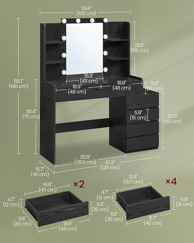 VASAGLE Vanity Desk with Mirror and LED Lights, Makeup Vanity with 6 Drawers - Image 6