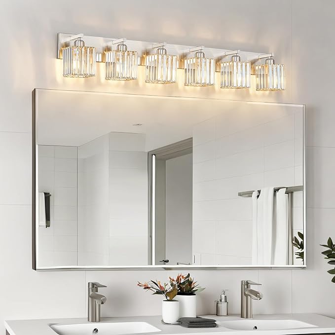 Modern Vanity Light 6-Lights Brushed Nickel Vanity Light Crystal Bathroom Wall - Image 8
