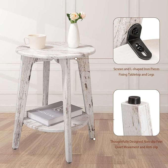 Farmhouse Round Side Table Rustic White Wooden End Table - Image 5