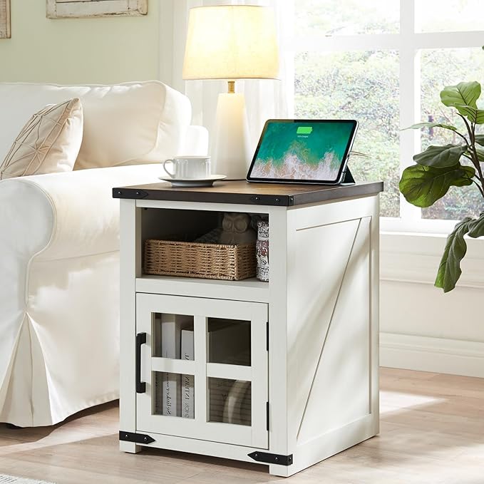 Farmhouse Nightstand with Charging Station, Rustic End Table with Tempered - Image 5