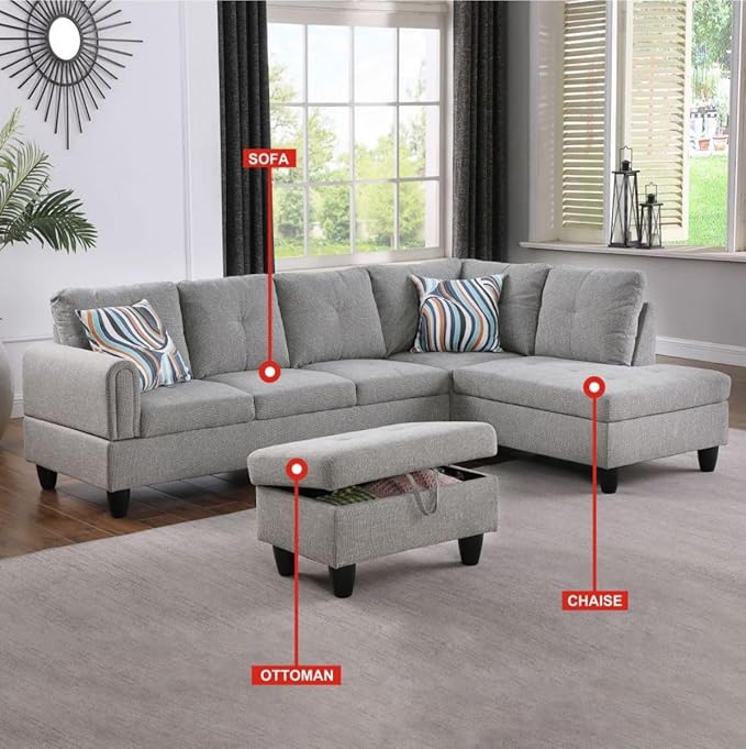 Grey-2 L-Shaped 3-Piece Linen Sofa - Image 3