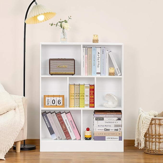YAHARBO White 7 Cube Bookshelf, 3 Tier Modern Horizontal Bookcase, Wooden Low - Image 4