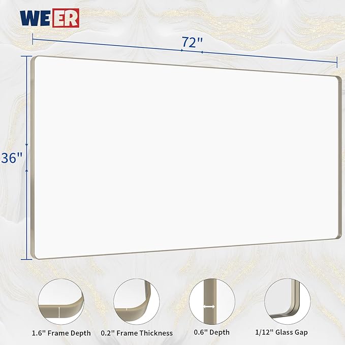 WEER 72X36 Inch Brushed Nickel Bathroom Mirror, Brushed Silver Metal Frame - Image 6