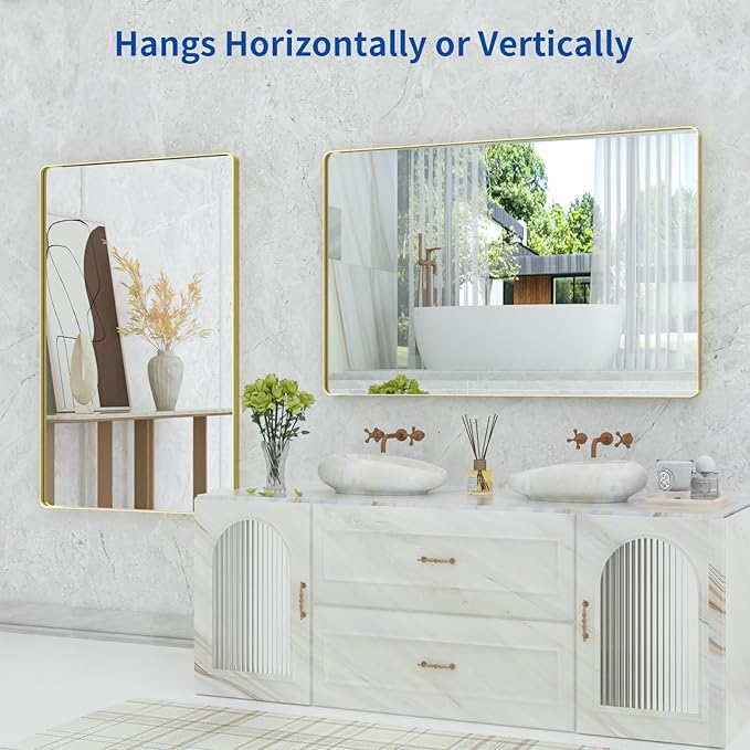 WEER Gold Bathroom Mirror, 55X36 Inch Brushed Gold Metal Frame Mirror, Rounded - Image 5