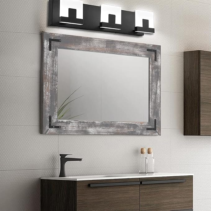 YOSHOOT Rustic Wooden Framed Wall Mirror, Natural Wood Bathroom Vanity Mirror - Image 4
