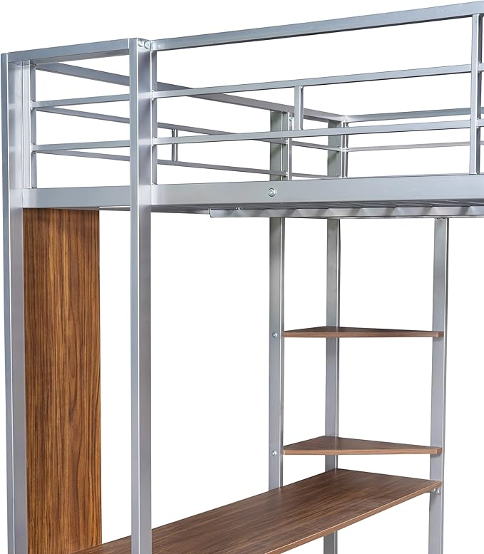 Full Size Metal Loft Bed with 2 Storage Shelves and 1 Desk, Steel Structure Bed - Image 5