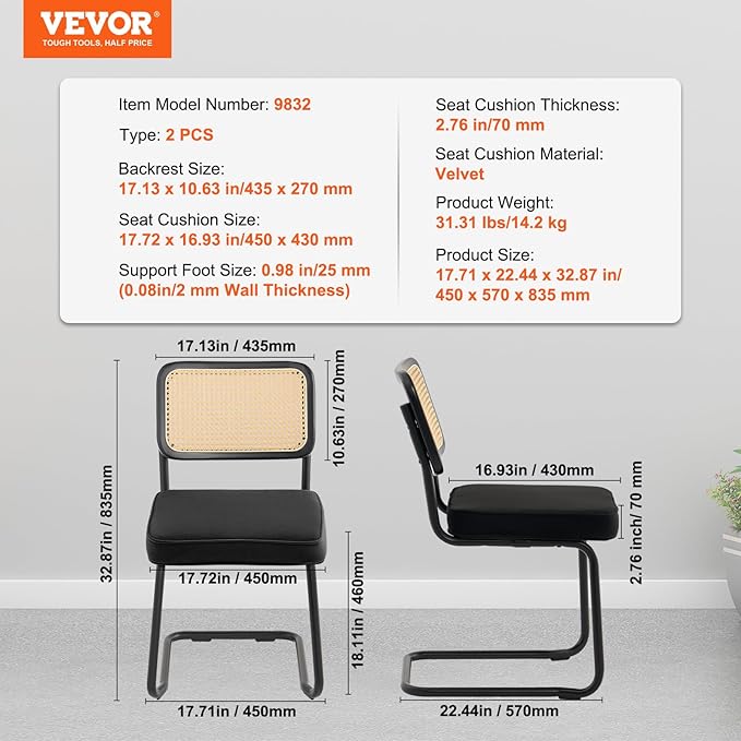 VEVOR Rattan Dining Chairs Set of 2, Mid Century Modern Dining Chair, - Image 3
