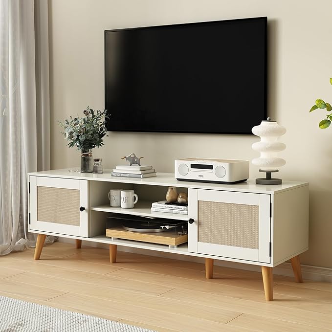 TV Stand for TVs up to 65 inches, Rattan Grain Finish Panel - Image 2