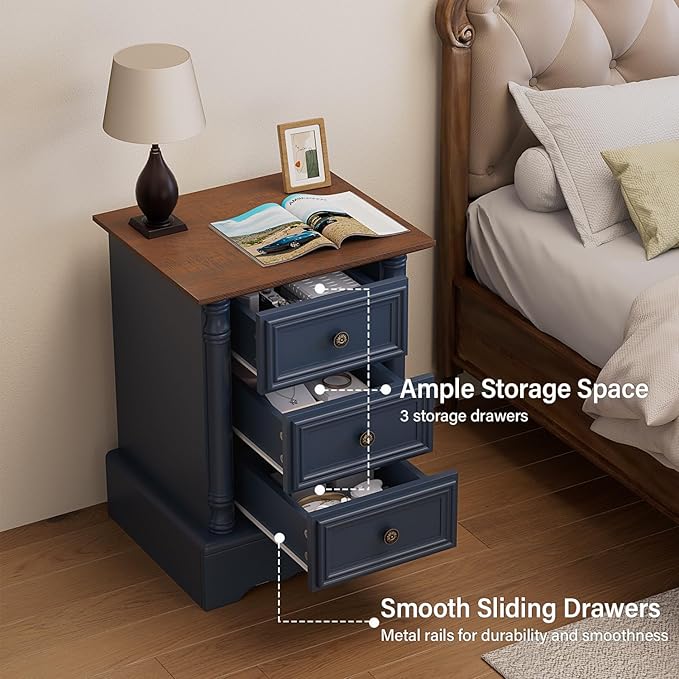 Nightstand with 3 Drawers, Rustic Night Stand 18' Wide Side Table with Storage - Image 6