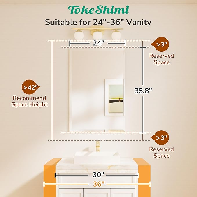 TokeShimi 24x36 Beveled Wall Mirror Decorative, Bathroom Vanity Mirrored - Image 2