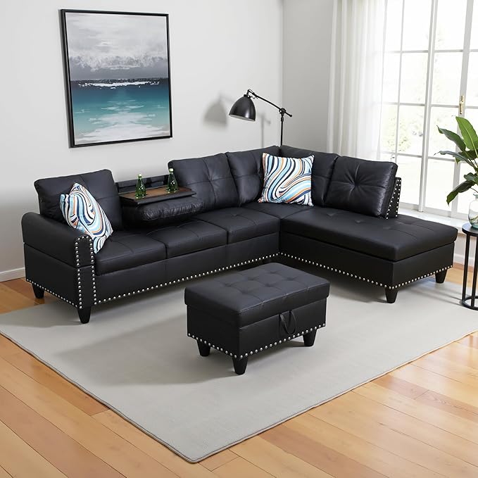 Couches for Living Room Faux Leather L Shaped Couch Comfy 3 Pieces Sectional - Image 4