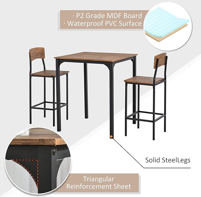 HOMCOM 3 Piece Industrial Counter Height Dining Table Set, Bar Table & Chairs - Image 4