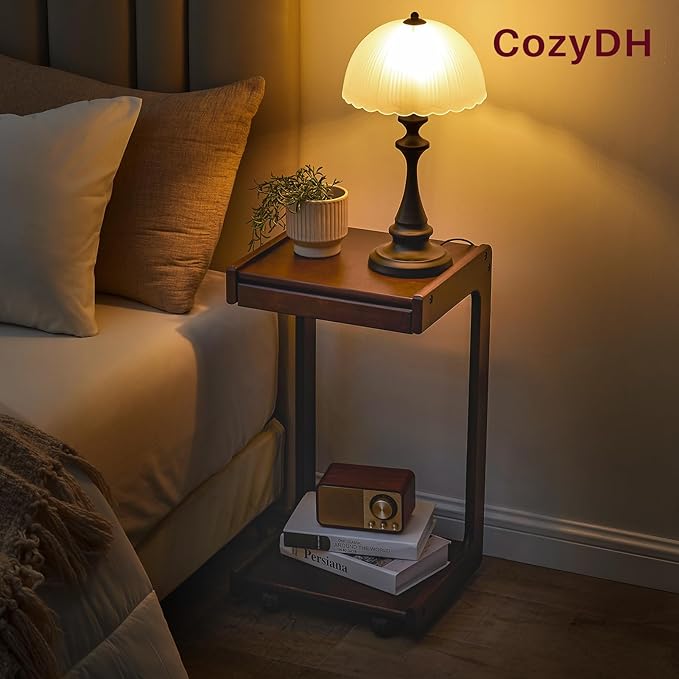 CozyDH C Shaped Solid Wood End Table, Rolling Side Table TV Sofa Tray Table - Image 9