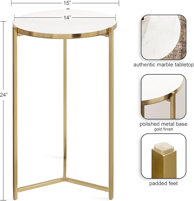 Kate and Laurel Aguilar Modern Round Side Table, Genuine Marble Nightstand - Image 3