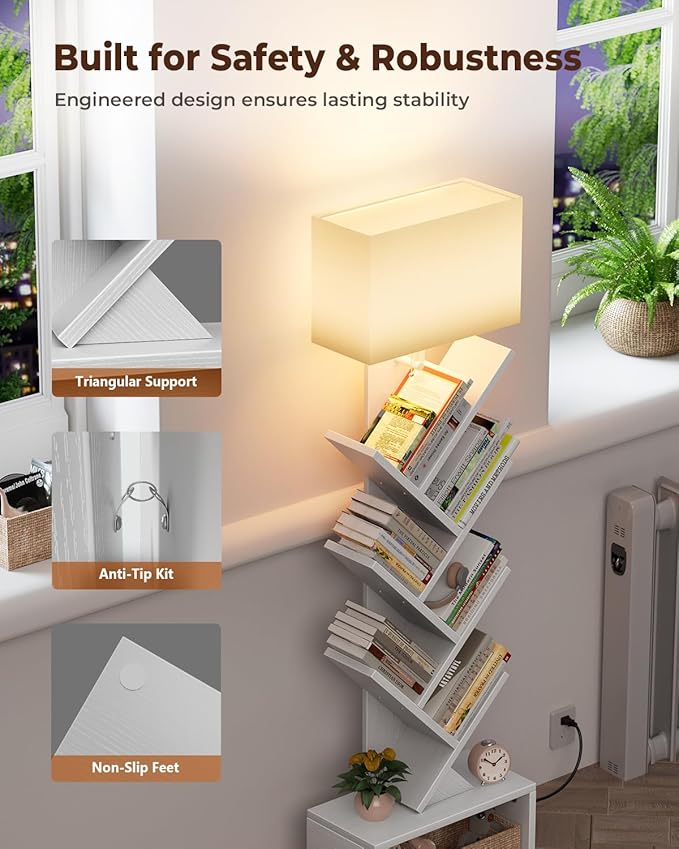6 Tier Tree Bookshelf with Light, Narrow Bookcase Tower, Tall Floor Standing - Image 7