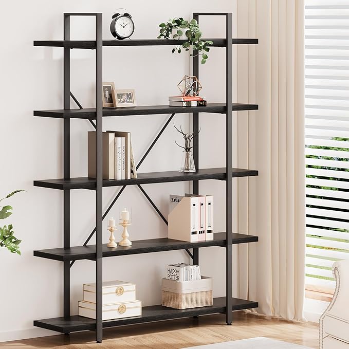HSH 5 Tier Tall Black Bookshelf, Wood and Metal Storage Book Rack, Industrial - Image 3