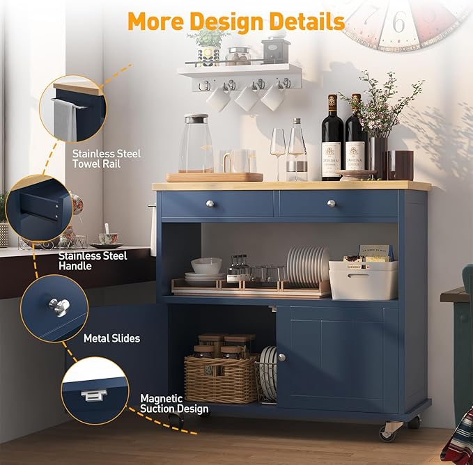 Rolling Kitchen Island with Storage Cabinet, 35.4'' Width Kitchen Cart - Image 7