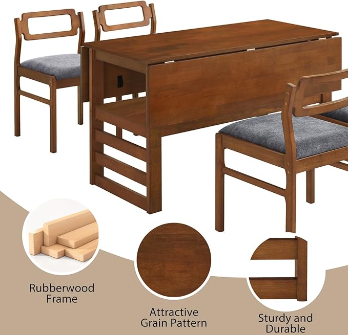Drop Leaf Dining Table with Chairs Set of 4, 5-Piece Farmhouse Rectangular - Image 5
