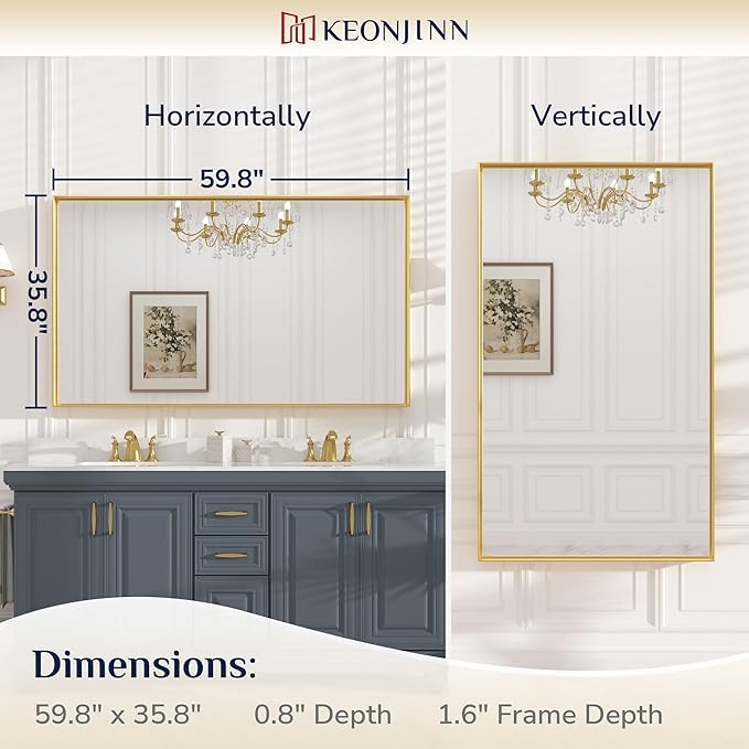 Keonjinn Gold 60 x 36 Inch Brushed Gold Metal Framed Rectangular Wall Mirror - Image 7