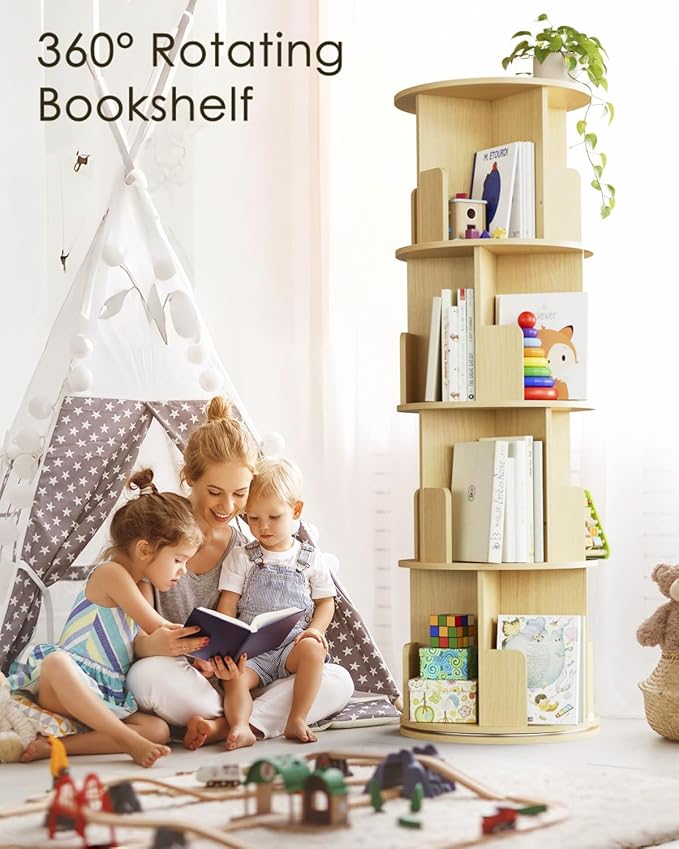 Masupu Rotating Bookshelf, Tall 4 Tier Rotating Spinning Bookshelf Tower - Image 7