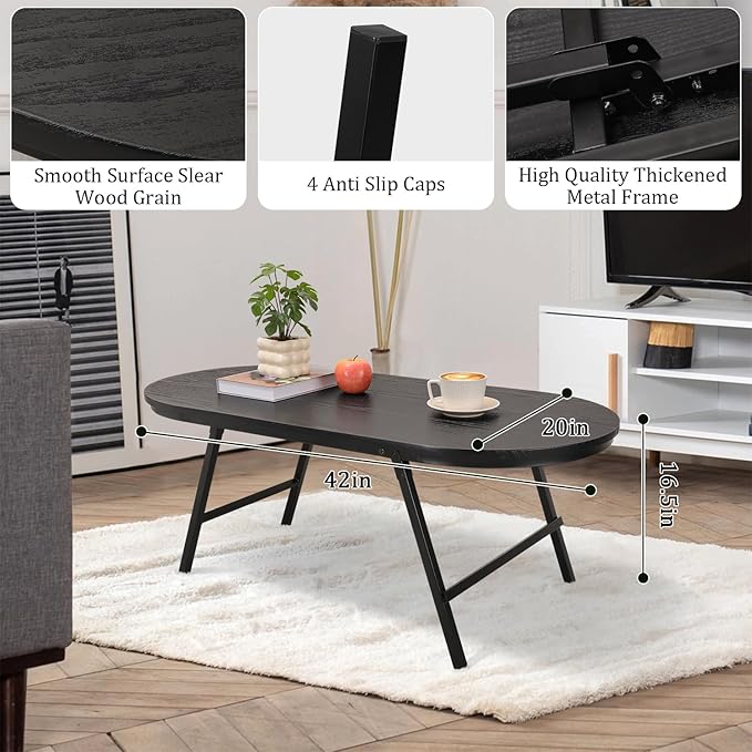 Black Small Coffee Table Wooden Oval Folding Low Coffee Tables - Image 5