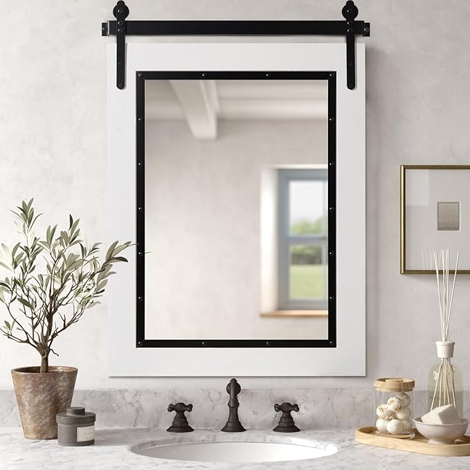 YOSHOOT Farmhouse Barn Door Mirror, Wood Frame Wall Mirror, Wooden Mirror by YOSHOOT