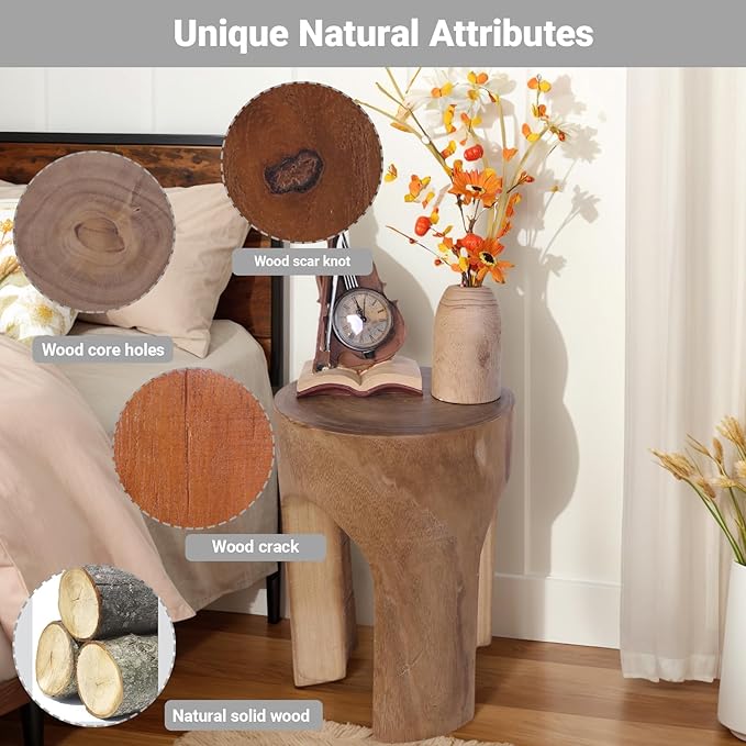 Athaliah Wood Side Table Stump, 15.75" H Rustic End Table Stool, Round Wooden - Image 3