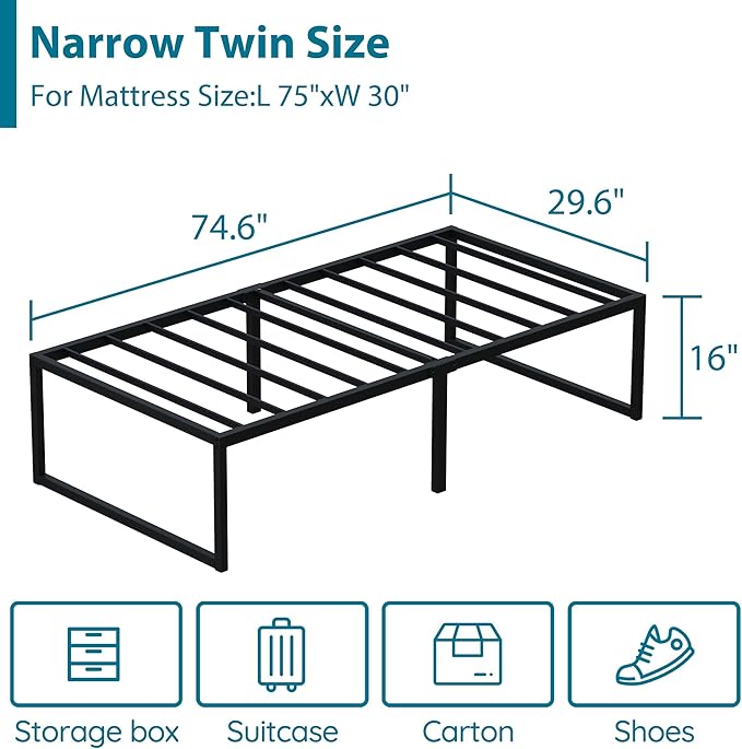 EMODA 16 Inch Narrow Twin Bed Frame 30x75, Heavy Duty Metal Platform No Box - Image 2