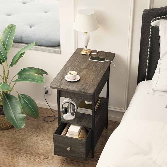 SOOWERY End Table with Charging Station, Narrow Side Table with Flip Top - Image 6