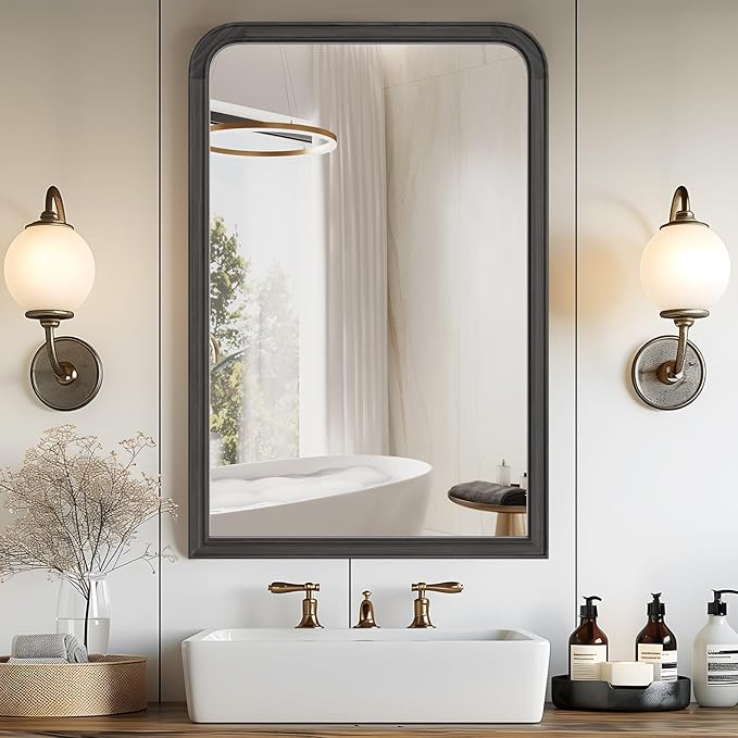 WallBeyond Wood Frame Bathroom Mirror 24" x 36" Wooden Arched Wall Mirror by WallBeyond