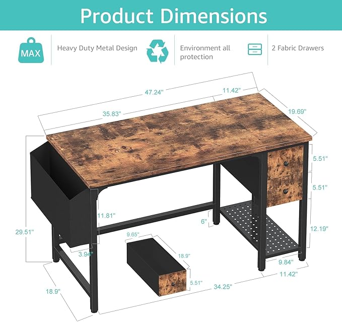 Lufeiya Computer Desk with Fabric Drawers, 47 Inch Desk - Image 3