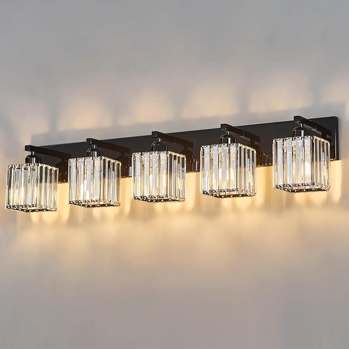 Modern Bathroom Vanity Light 5-Lights Plating Black Crystal Bathroom Wall Light by FDPBY